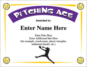 Pitching Ace Certificate Softball Templates