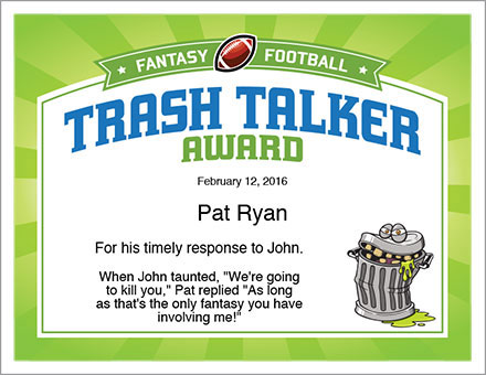 Trash Talker Award - Editable Fantasy Football Certificate